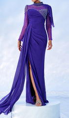 Caressa Dazzling Purple Embellished Long Sleeve Maxi Gown with High Slit