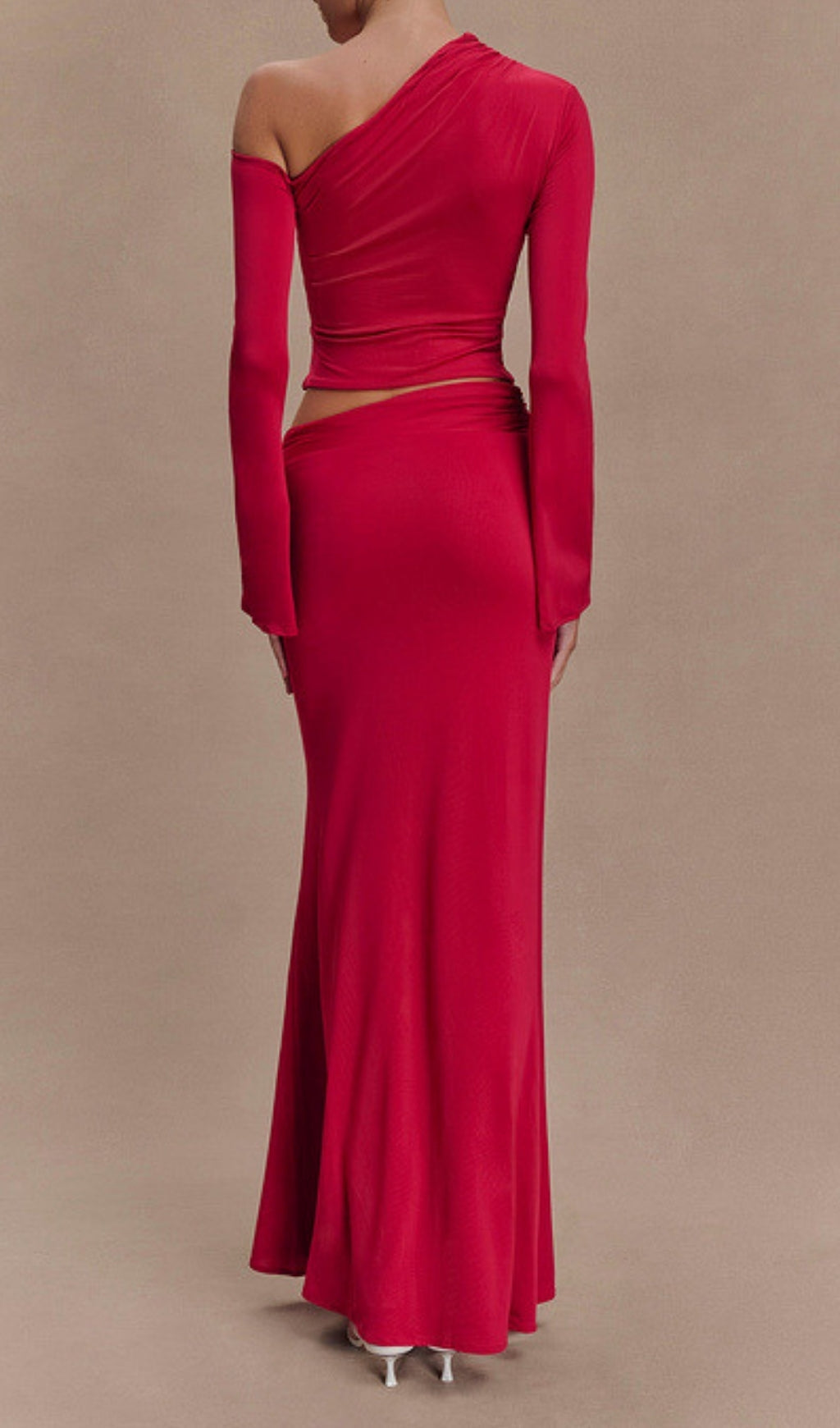 Elmarie Ruby Red One-Shoulder Maxi Skirt Set with Gold Floral Brooches