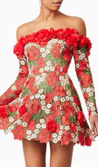 Ellasyn Enchanting Red Rose Embroidered Off-Shoulder Long Sleeve Mini Dress