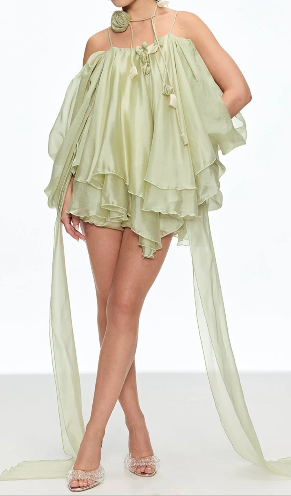 Galini Sage Green Flowy Ruffle Mini Dress with Floral Choker