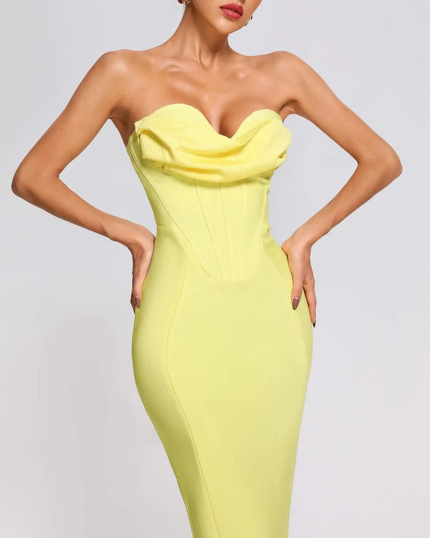 Neon Yellow Strapless Corset Bandage Midi Dress