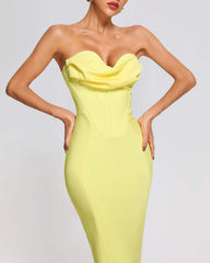 Neon Yellow Strapless Corset Bandage Midi Dress