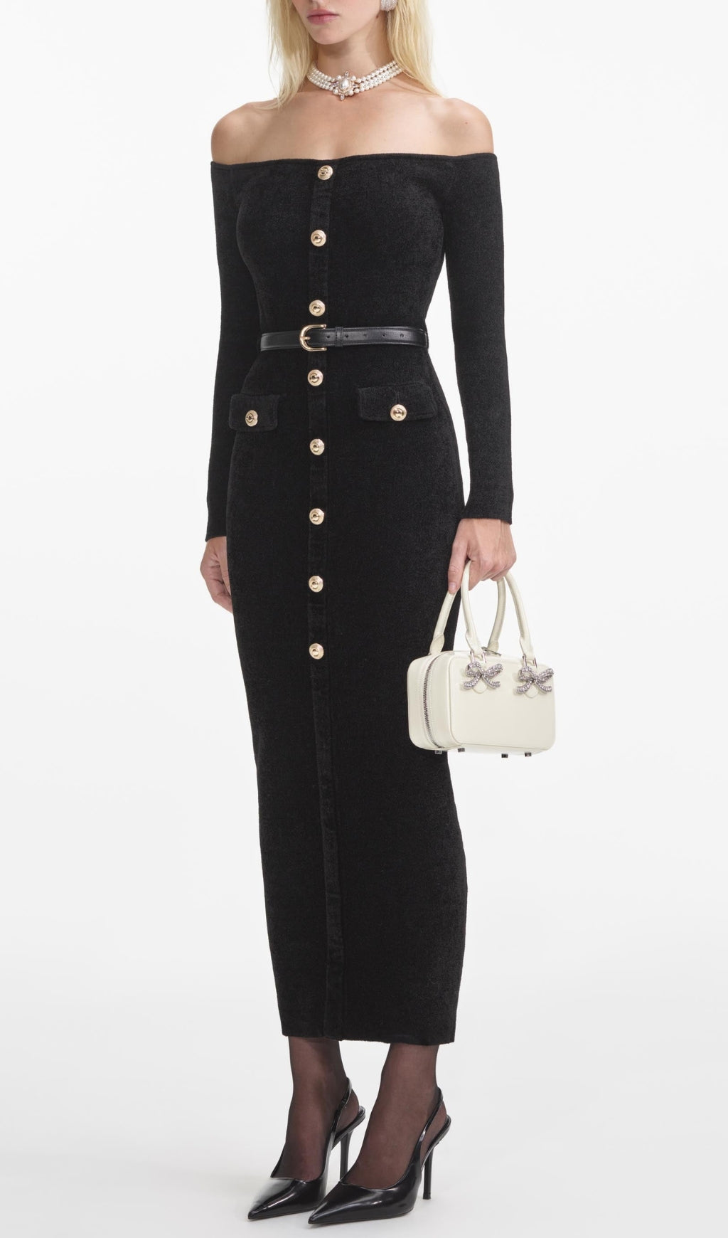 Elegant Off-Shoulder Black Chenille Knit Midi Dress with Gold Buttons