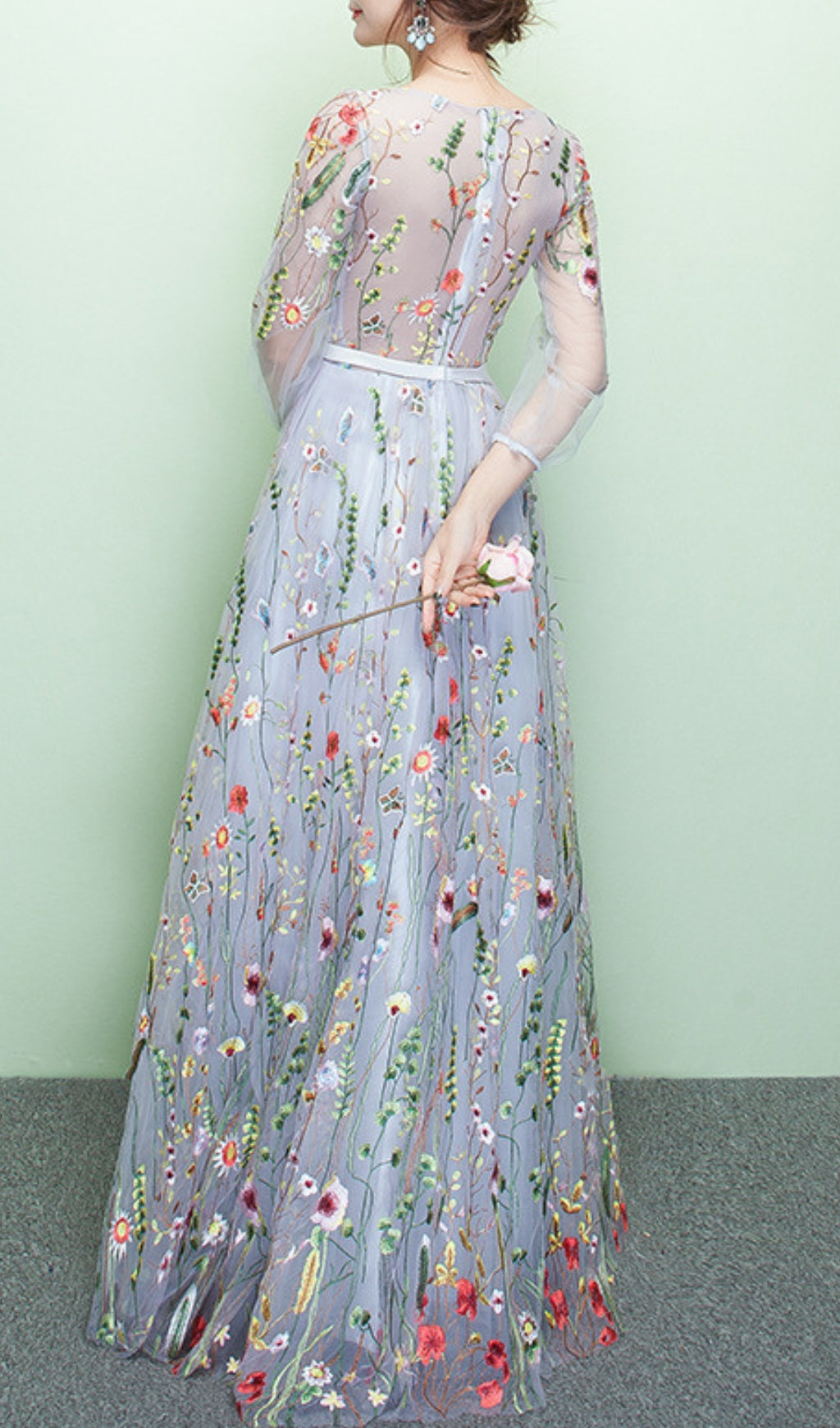 Dannell Enchanting Periwinkle Floral Embroidered Tulle Maxi Dress