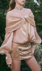 Dagmar Glimmering Khaki Off-Shoulder Rhinestone Mini Dress