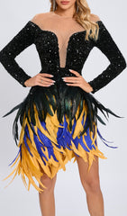 Glamorous Black Sequin & Vibrant Feather Long Sleeve Mini Dress