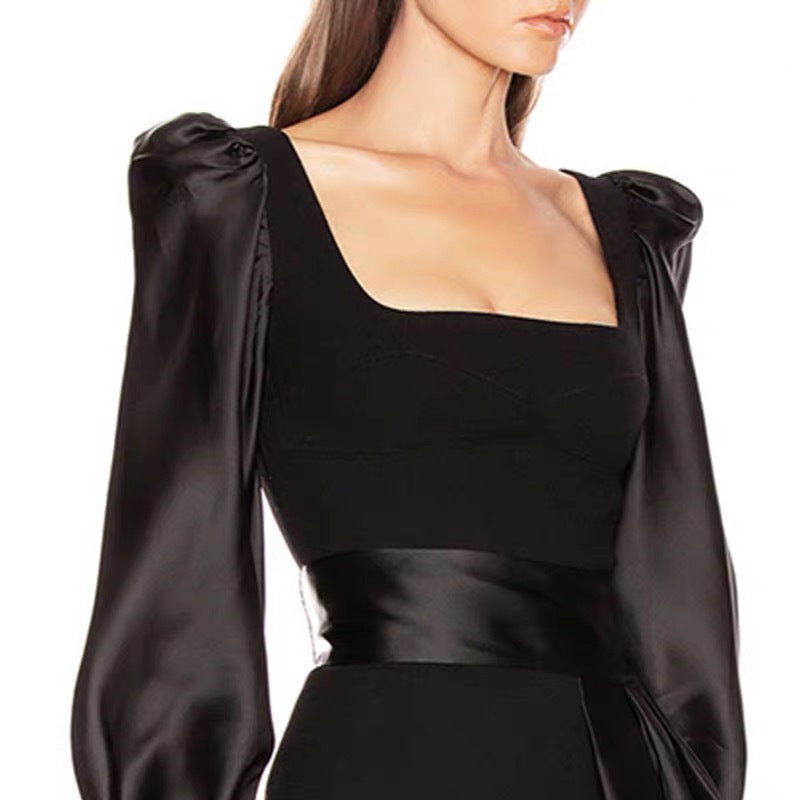 Amandine Black Crepe & Satin Mini Dress with Dramatic Puff Sleeves