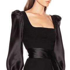 Amandine Black Crepe & Satin Mini Dress with Dramatic Puff Sleeves