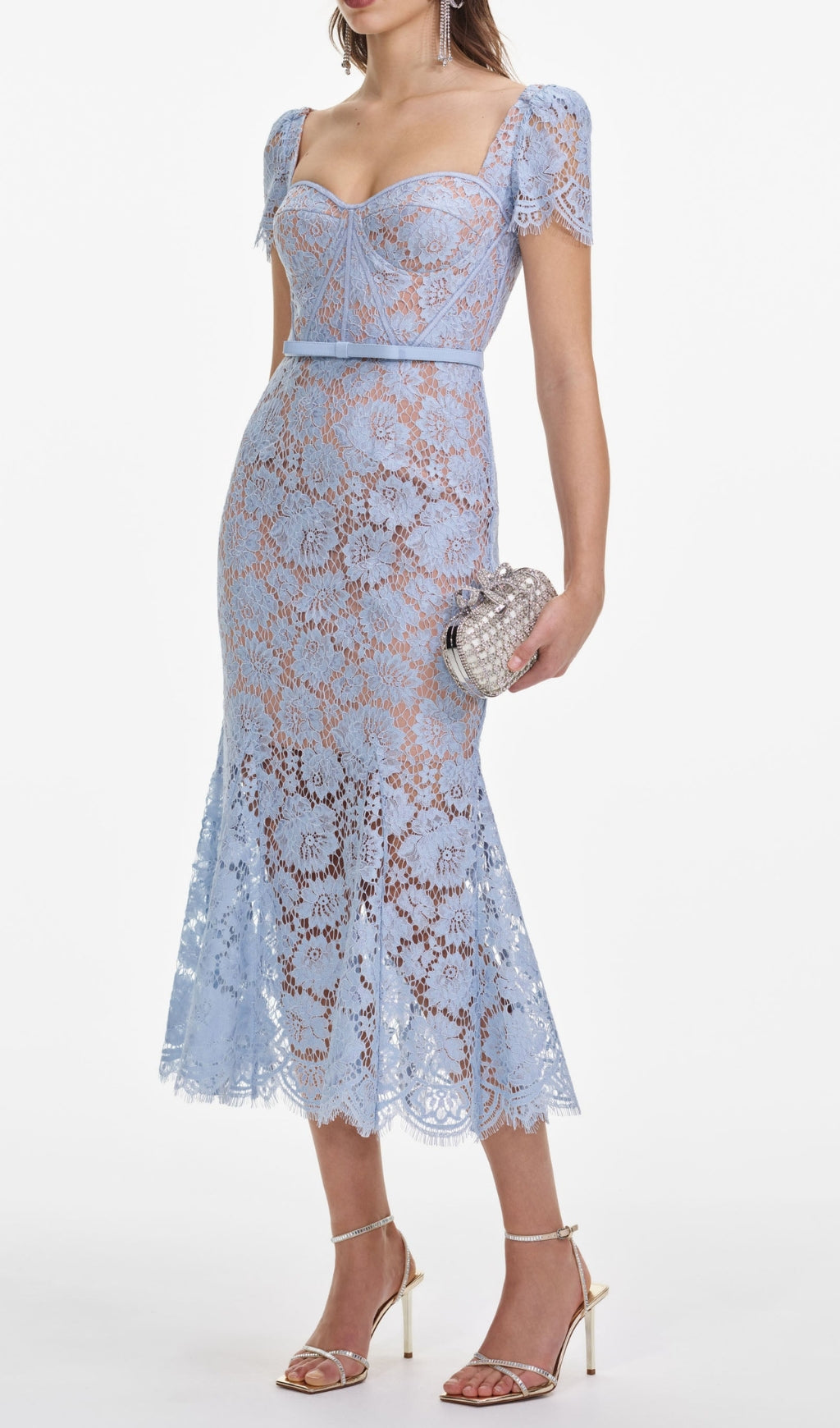 Elegant Baby Blue Lace Midi Dress for Special Occasions