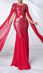 Gefjun Glamorous Red Sequin Maxi Dress with Dramatic Flowing Sleeves