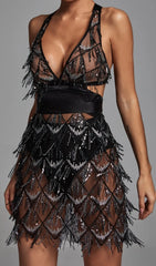 Dazzling Black Sequin Halter Backless Mini Dress with Tassels