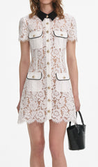 Fikret Chic White Floral Lace Mini Dress with Contrast Collar