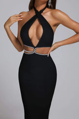 Glamorous Halter Rhinestone Midi Bandage Dress