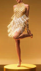 Caelumara Dazzling Gold Sequin & Fringe Halter Mini Dress
