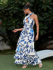 Chic Floral Halter Tiered Maxi Dress with Self-Tie Waist