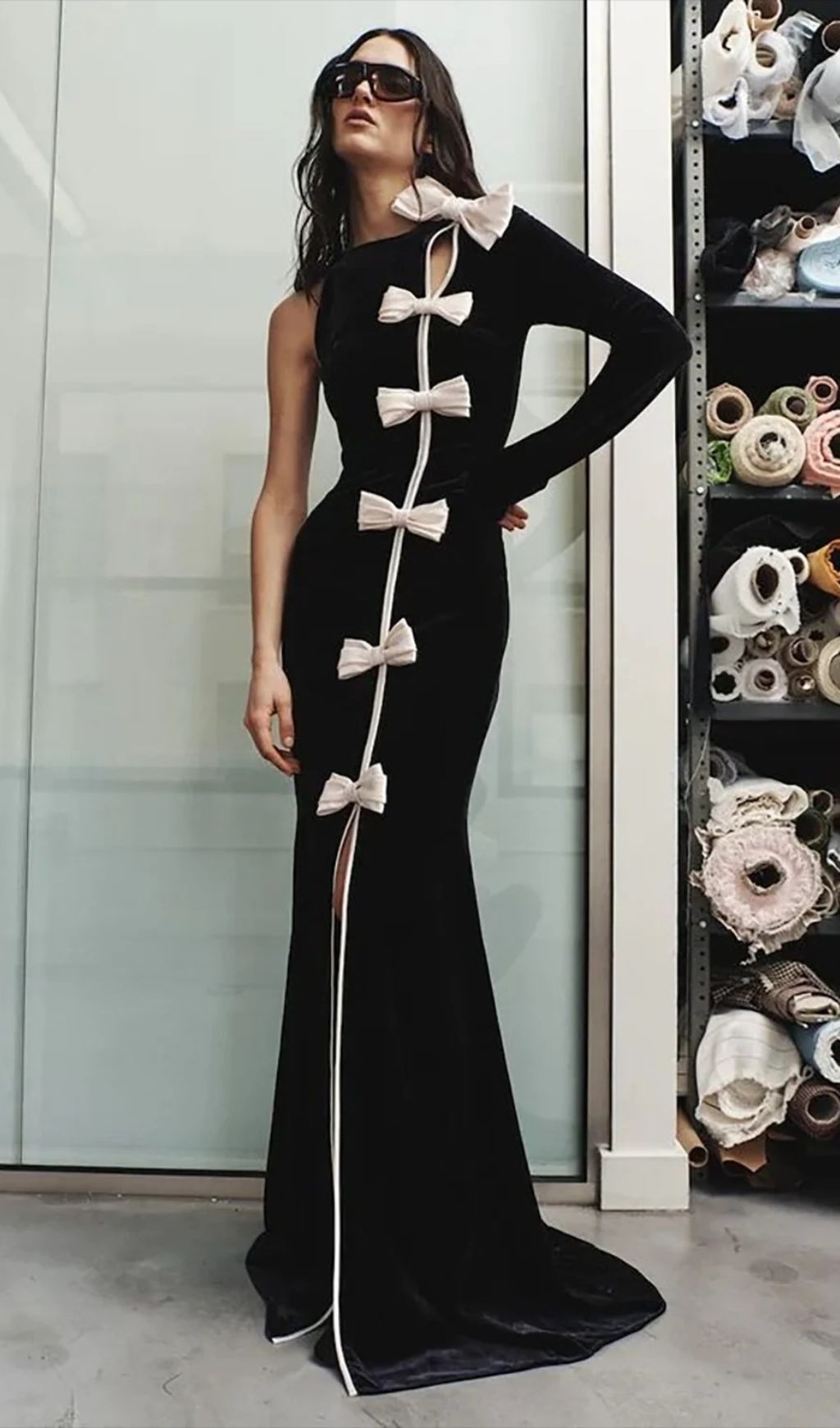 Joyce Black Velvet One-Sleeve Bow Maxi Gown