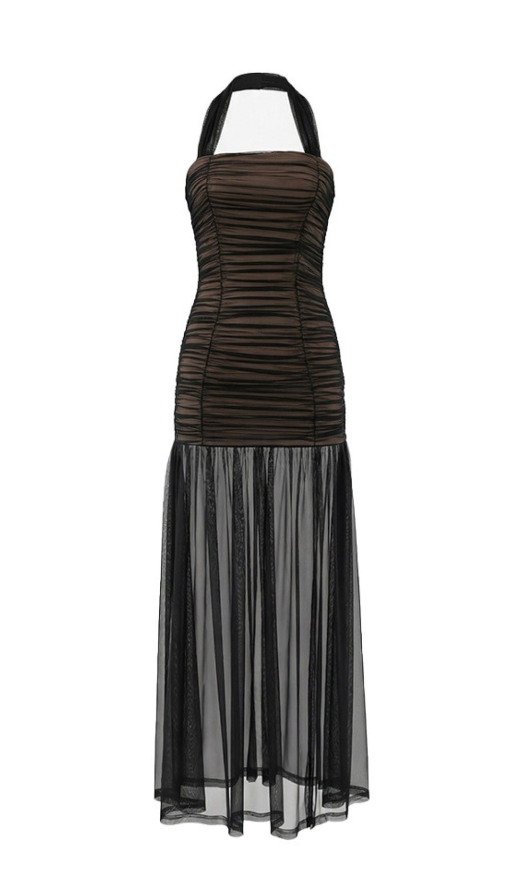 Jadzia Black Halter Ruched Mesh Maxi Dress