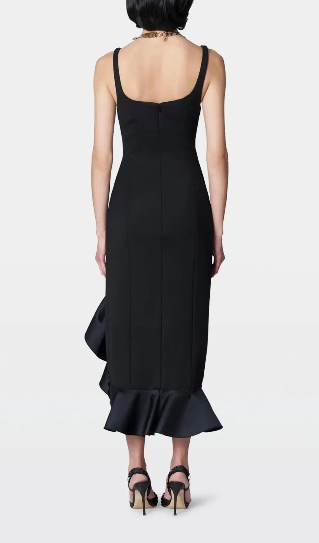 Glamorous Black Ruffle Midi Dress with Bustier Bodice