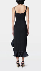Glamorous Black Ruffle Midi Dress with Bustier Bodice