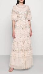 Enchanted Garden Floral Embroidered Ruffle Tulle Maxi Dress