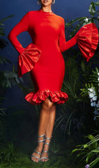 Omiros Elegant Red Flounce Sleeve Bodycon Midi Dress
