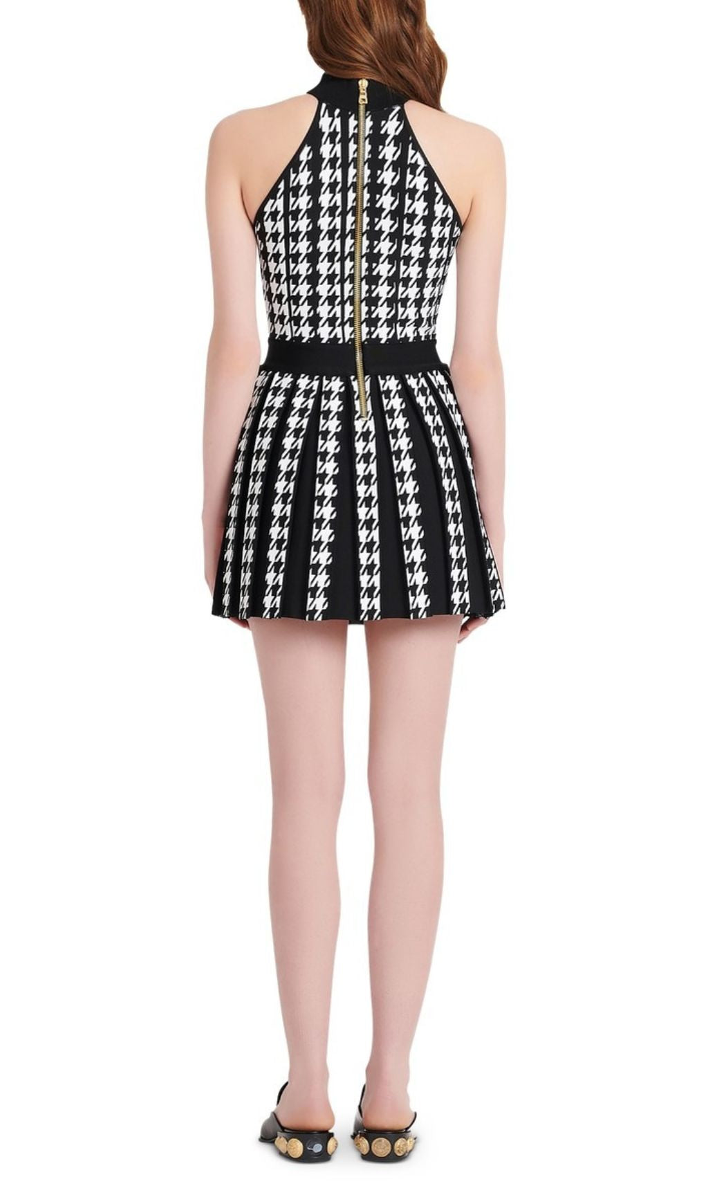 Fusayo Bold Houndstooth Halter Mini Dress with Gold Buttons