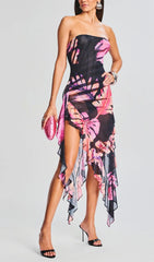 Vibrant Tropical Leaf Print Strapless High-Low Dress for Women
