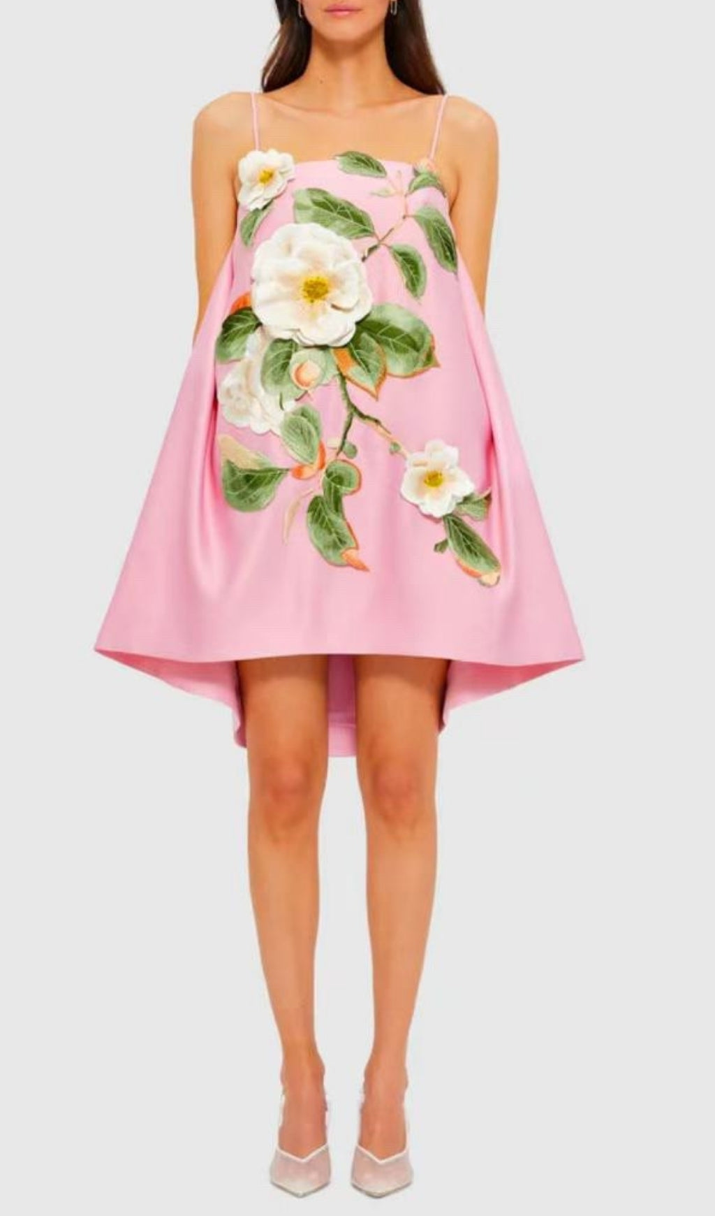 Fina Pink 3D Floral Embroidered High-Low Mini Dress