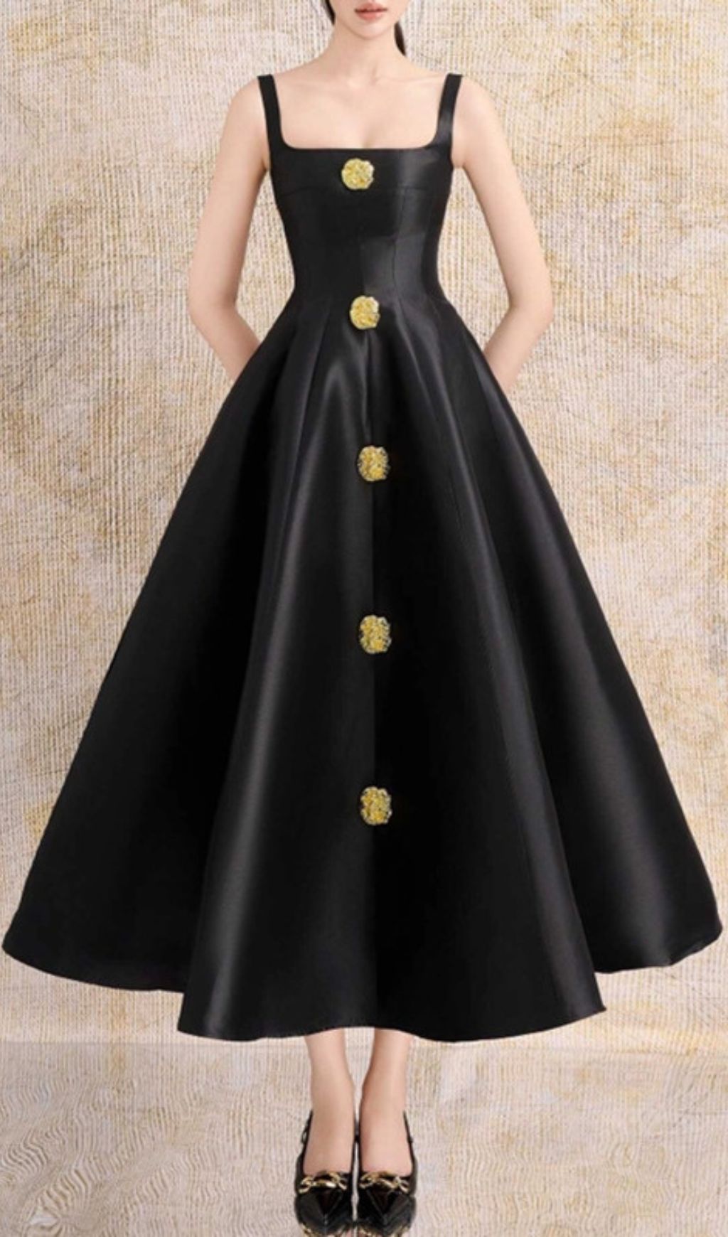 Gordie Elegant Black A-Line Midi Dress with Gold Button Embellishments