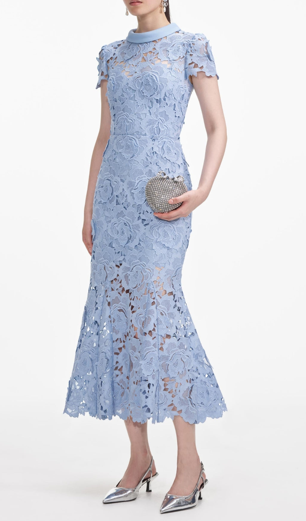 Elegant Cornflower Blue Floral Lace Midi Dress with Contrast Collar