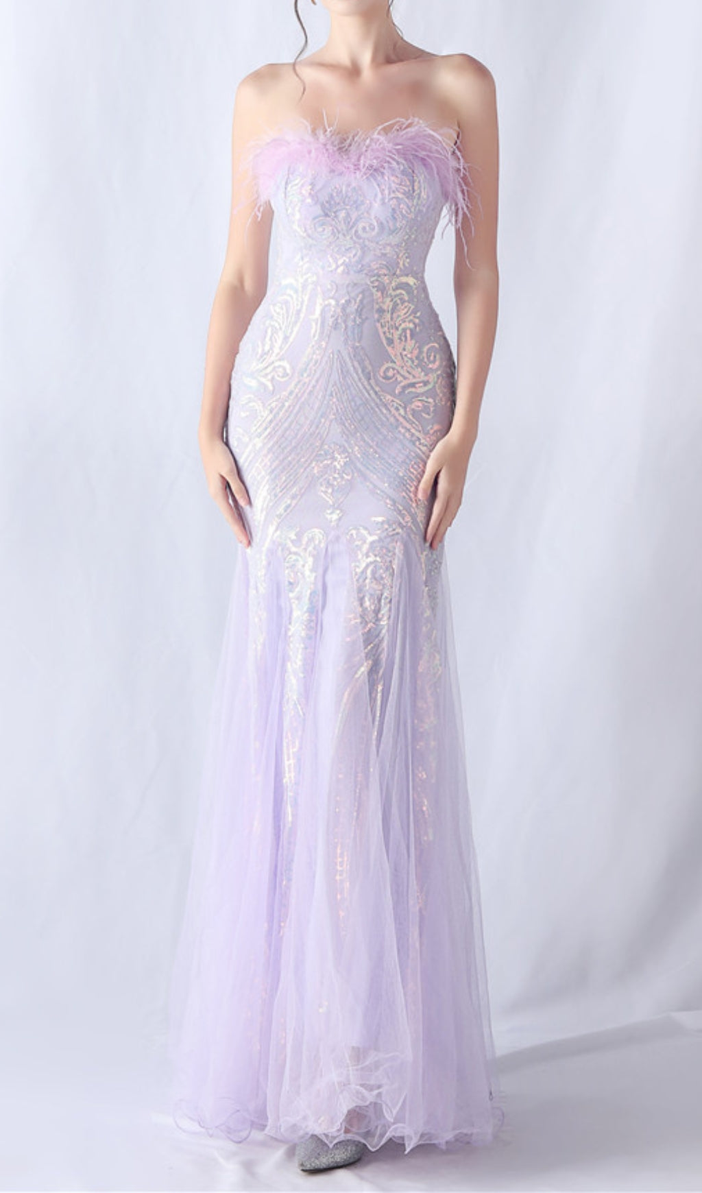 Choire Lavender Sequin Feather Strapless Maxi Dress