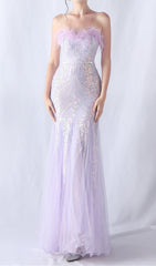 Choire Lavender Sequin Feather Strapless Maxi Dress