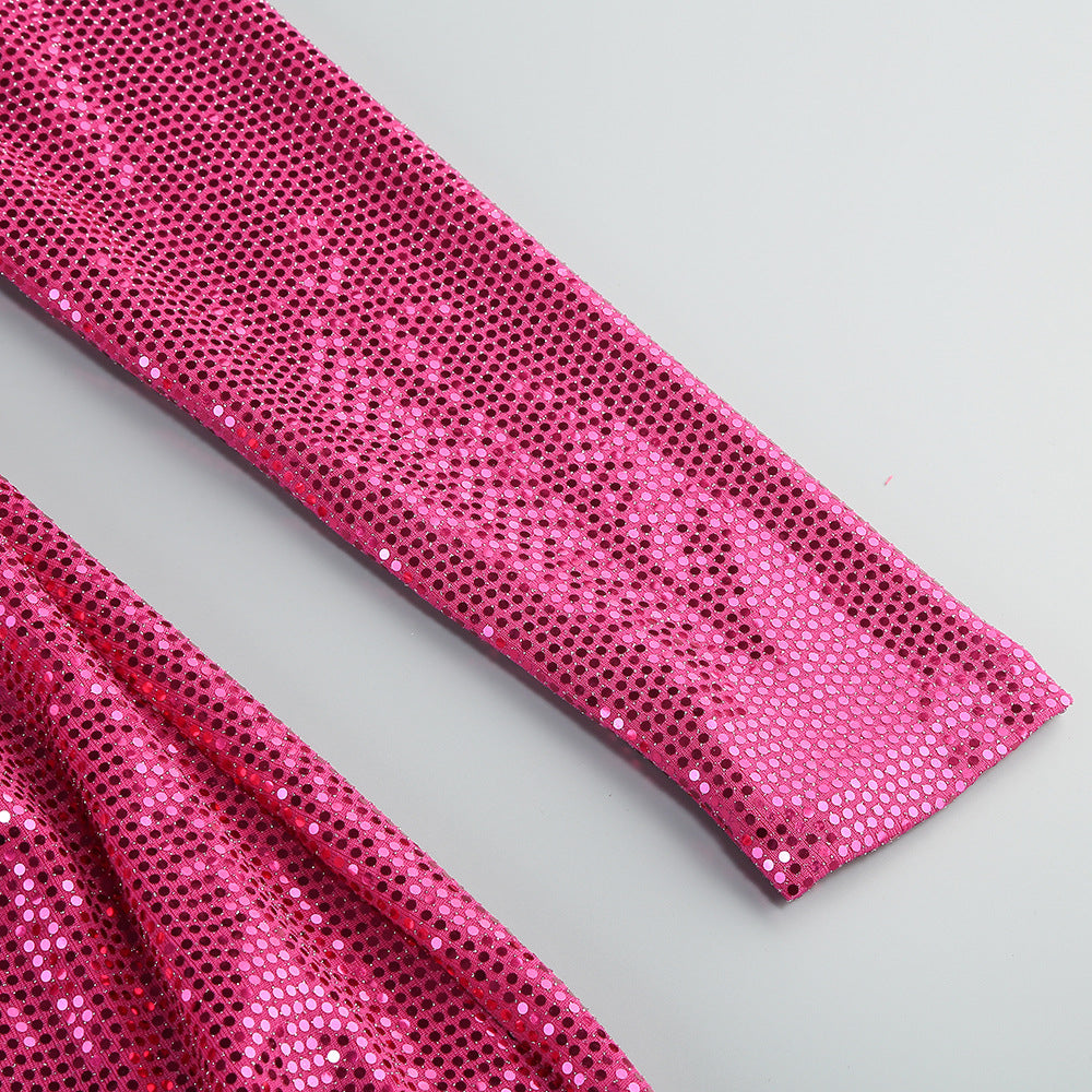 Benigno Show-Stopping Fuchsia Sequin Halter Cutout Maxi Dress