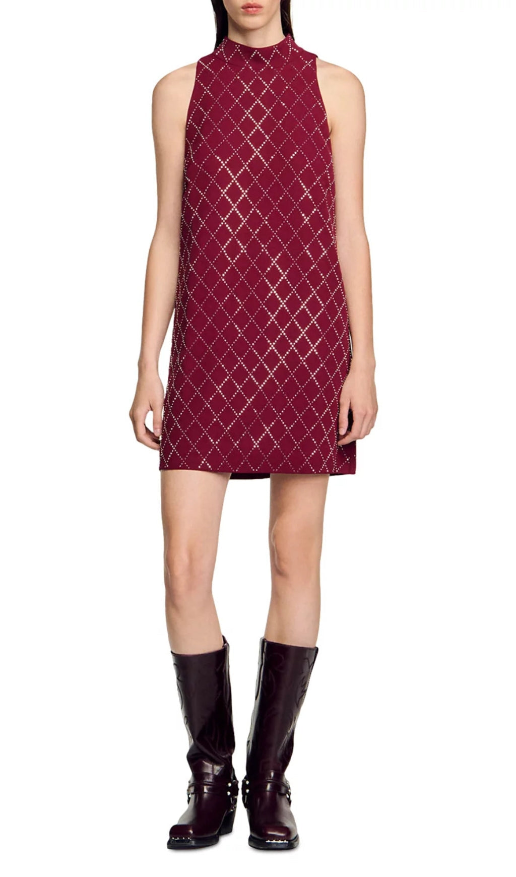 Bijoux Sparkle Ruby Red Rhinestone High Neck Sleeveless Shift Dress