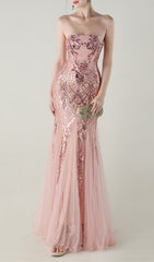 Ikuye Rose Gold Sequin Strapless Mermaid Gown