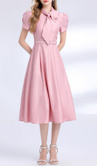 Funa Elegant Pink Bow Tie Midi Dress