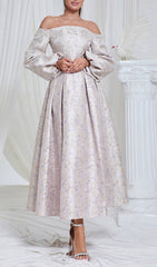 Elegant Off-Shoulder Jacquard Maxi Dress with Statement Puff Sleeves