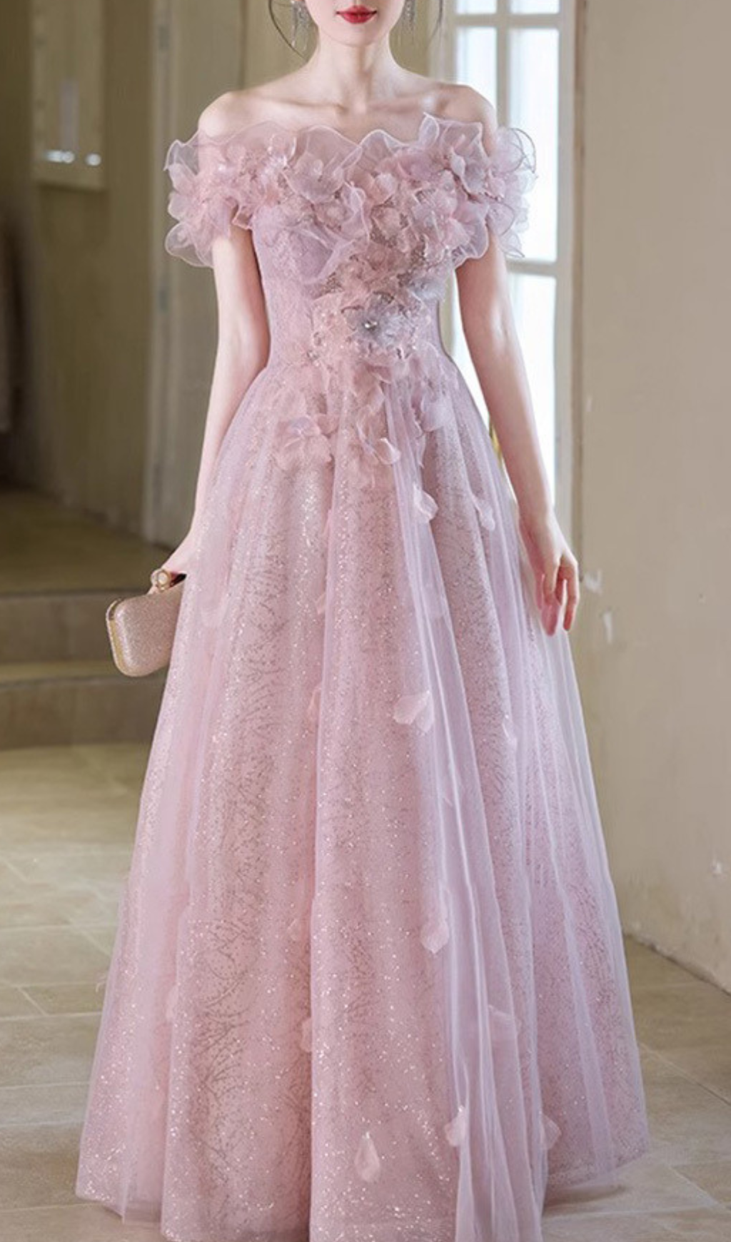 Hanne Enchanting Blush Pink Floral Off-Shoulder Maxi Gown