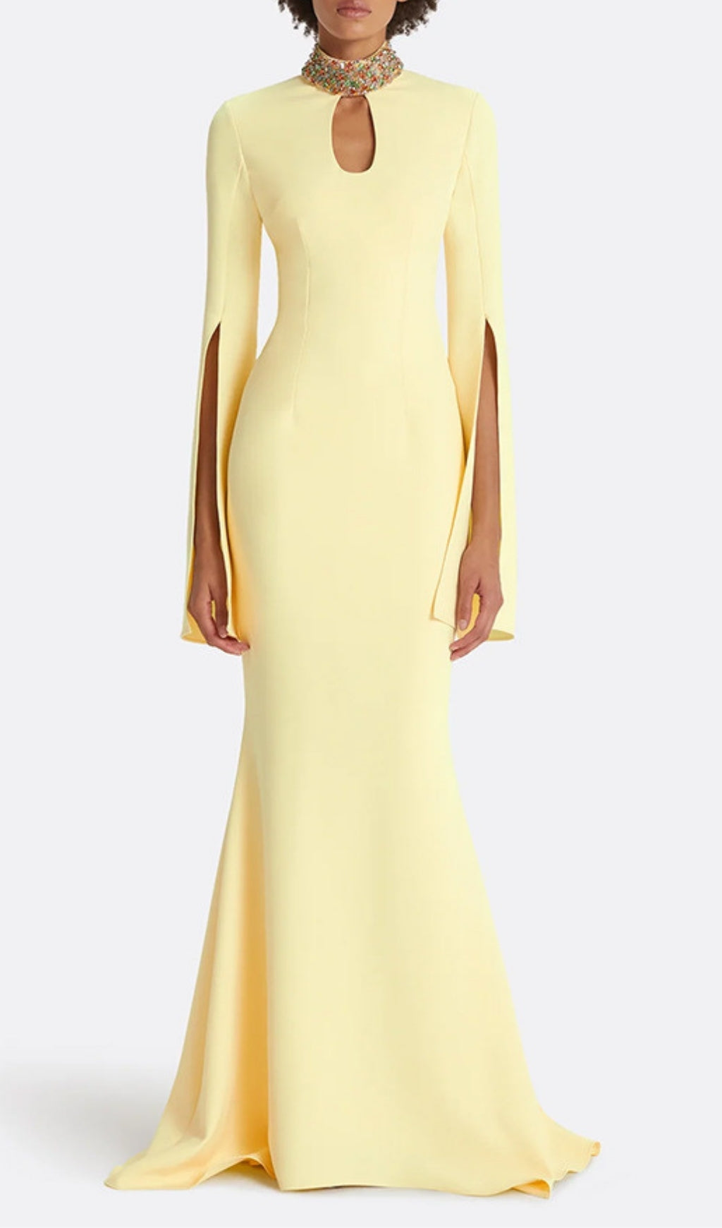 Ellema Dazzling Yellow Beaded Keyhole Long Sleeve Maxi Gown