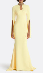 Ellema Dazzling Yellow Beaded Keyhole Long Sleeve Maxi Gown