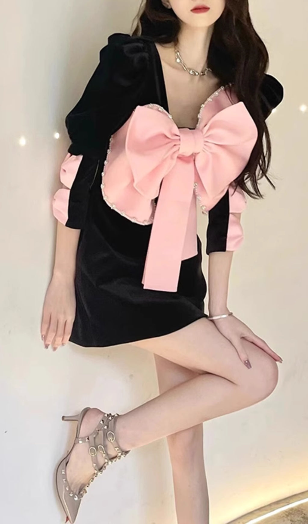 Arevik Black Velvet Mini Dress with Oversized Pink Bow
