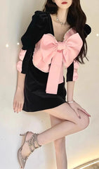 Arevik Black Velvet Mini Dress with Oversized Pink Bow