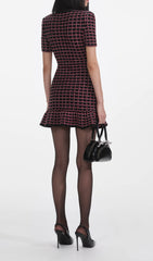 Chic Black & Red Plaid Knit Mini Dress with Removable Bow