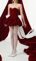 Cookie Red Sparkle Strapless Bow Mini Dress