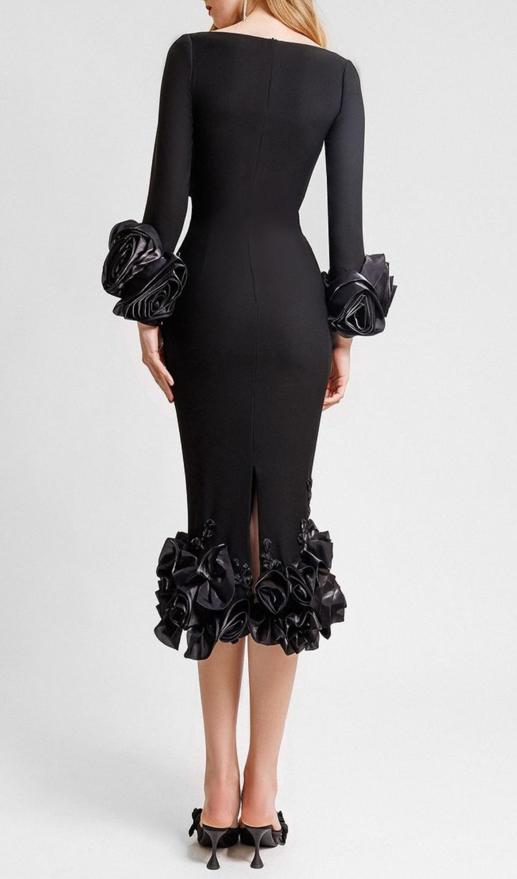 Catlin Black 3D Floral Rosette Bandage Midi Dress