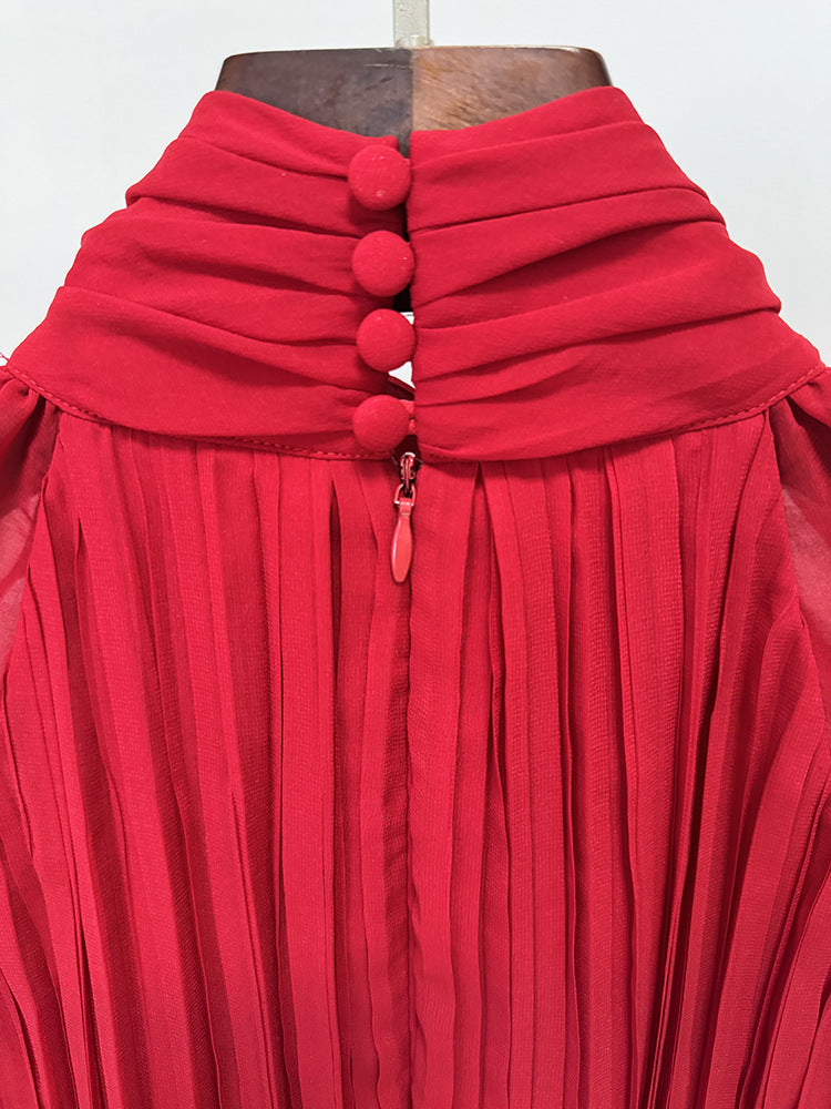 Françoise Glamorous Red Pleated Maxi Gown with Flowing Cape