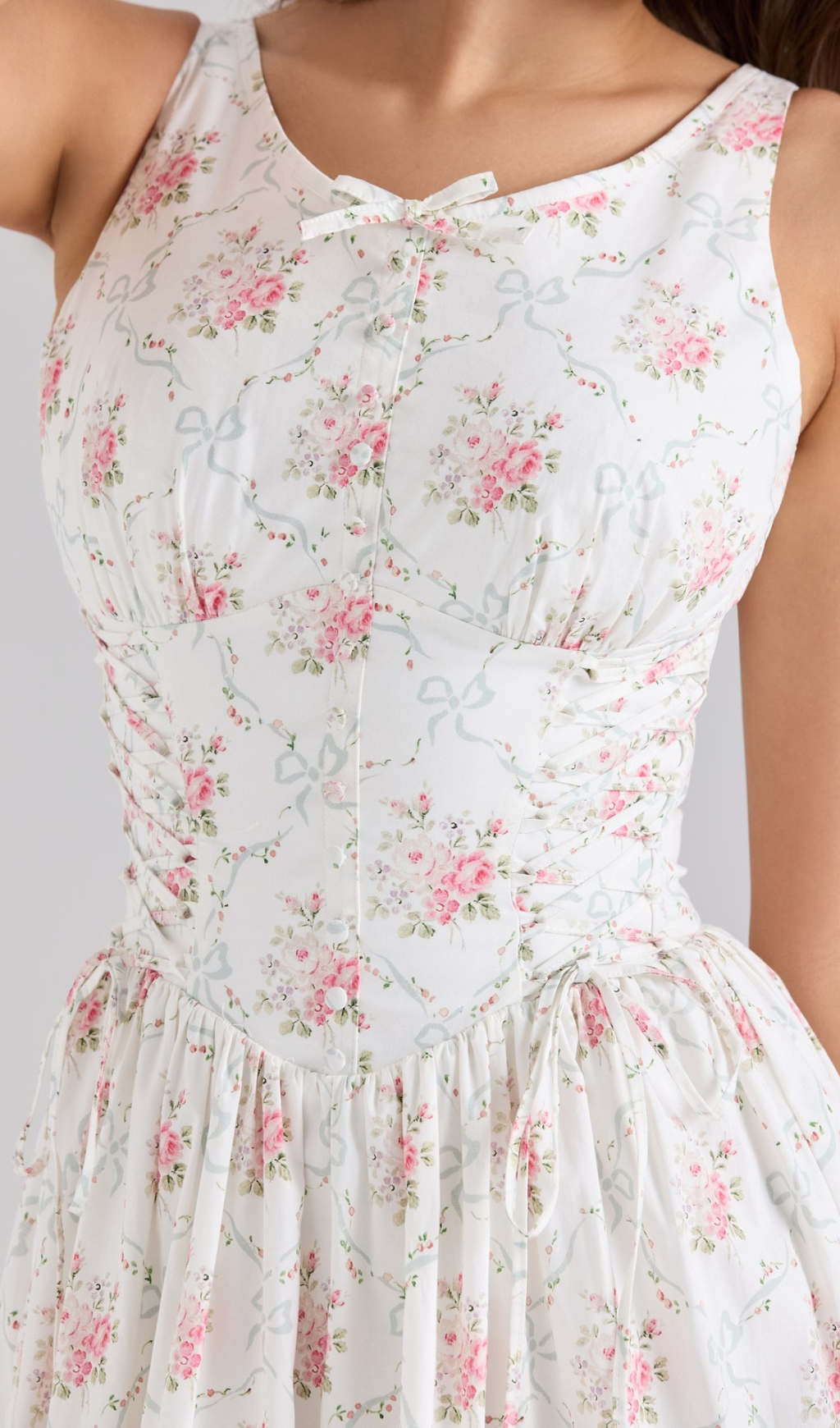 Haruhi Romantic Floral & Ribbon Sleeveless Midi Dress with Lace Trim