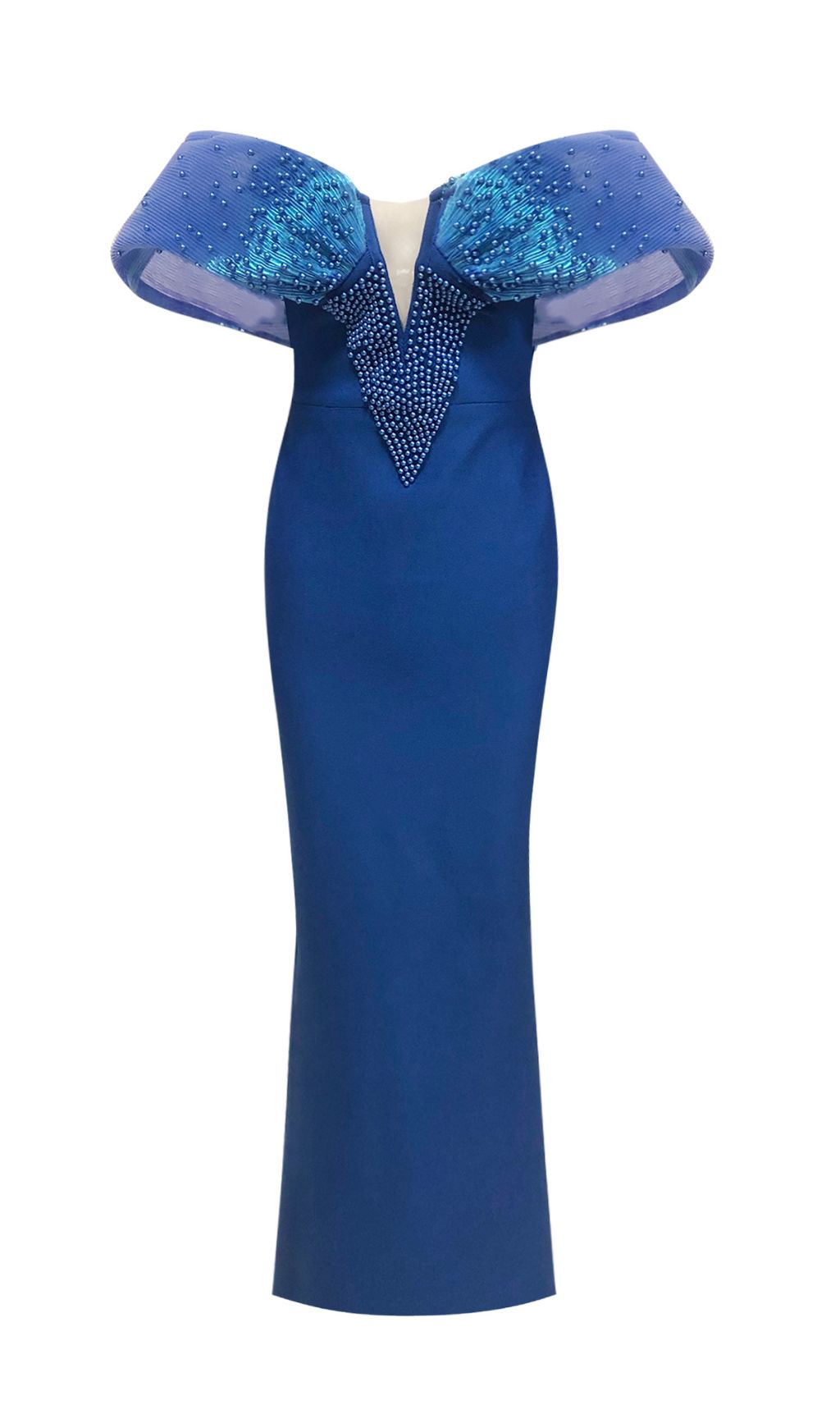Emani Glamour Blue Off-Shoulder Embellished Maxi Dress