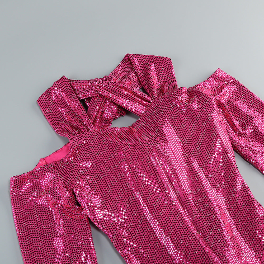 Benigno Show-Stopping Fuchsia Sequin Halter Cutout Maxi Dress