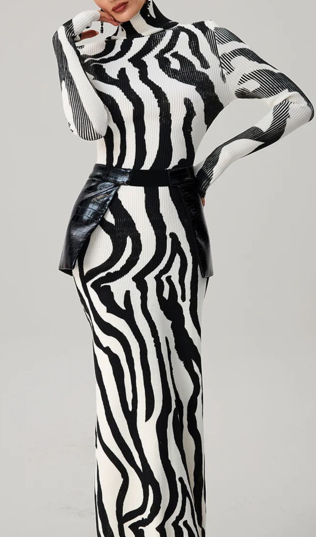 Farrux Zebra Print High-Neck Bodycon Maxi Dress